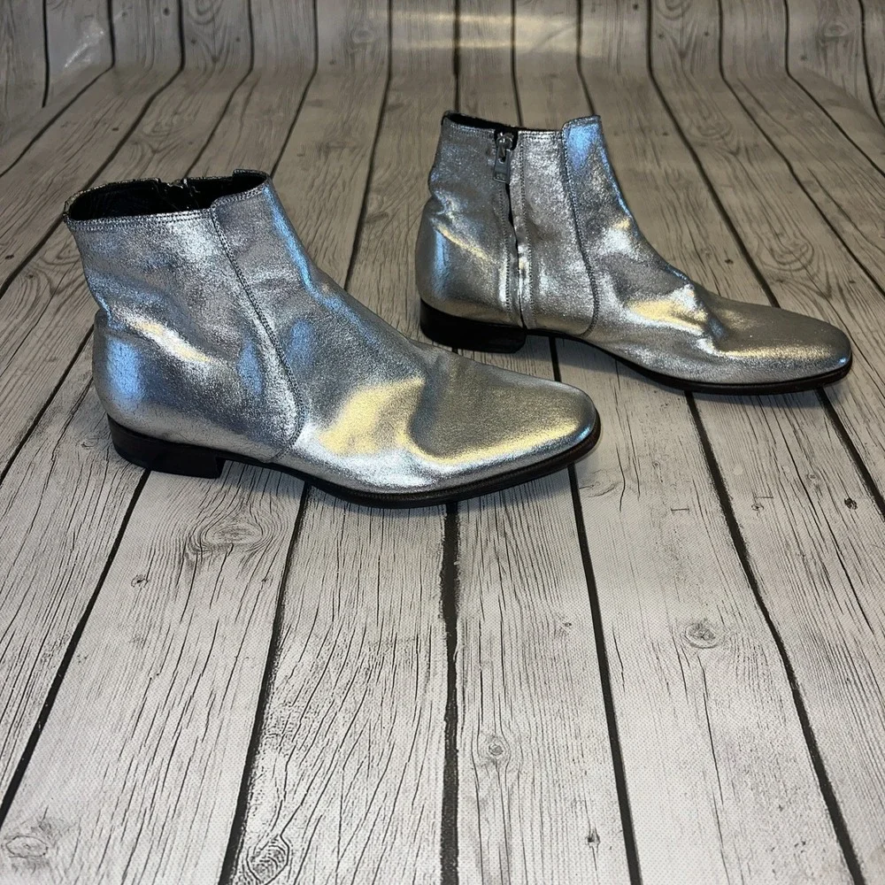 Tom Ford Edgar Silver Metallic Leather Side Zip Ankle Boots 10 1/2